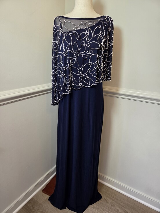 MSK Dresses & Skirts - MSK Navy Embellished Cape Formal Gown Rhinestone Pearl Maxi Dress M